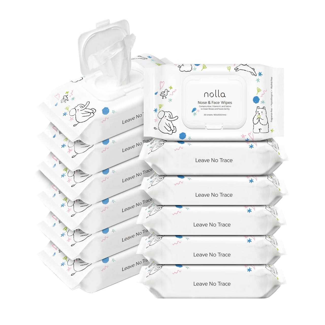 Nolla 婴儿及儿童鼻脸湿巾，含生理盐水、维生素 E 和芦荟 | 无香型 | 可堆肥，360 片装（12 包，每包 30 片）