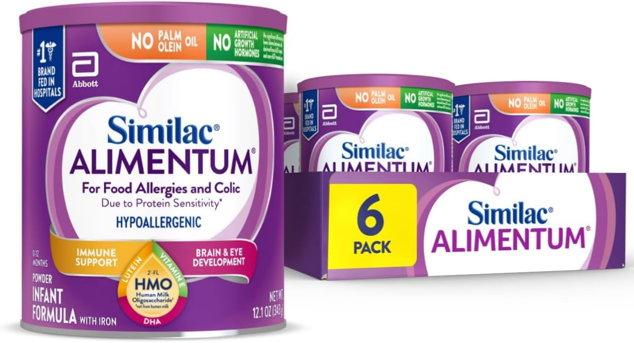 Similac Alimentum 含 2'-FL HMO 低敏婴儿配方奶粉，适用于食物过敏和蛋白质敏感引起的肠绞痛，婴儿配方奶粉，12.1 盎司罐装，6 罐装
