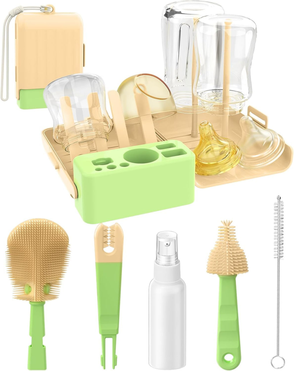 7合1婴儿奶瓶刷套装，不含BPA的旅行奶瓶清洁套装，包含U型硅胶奶嘴/吸管刷、便携式晾干架、皂液器和收纳盒 - 婴儿旅行及居家必备